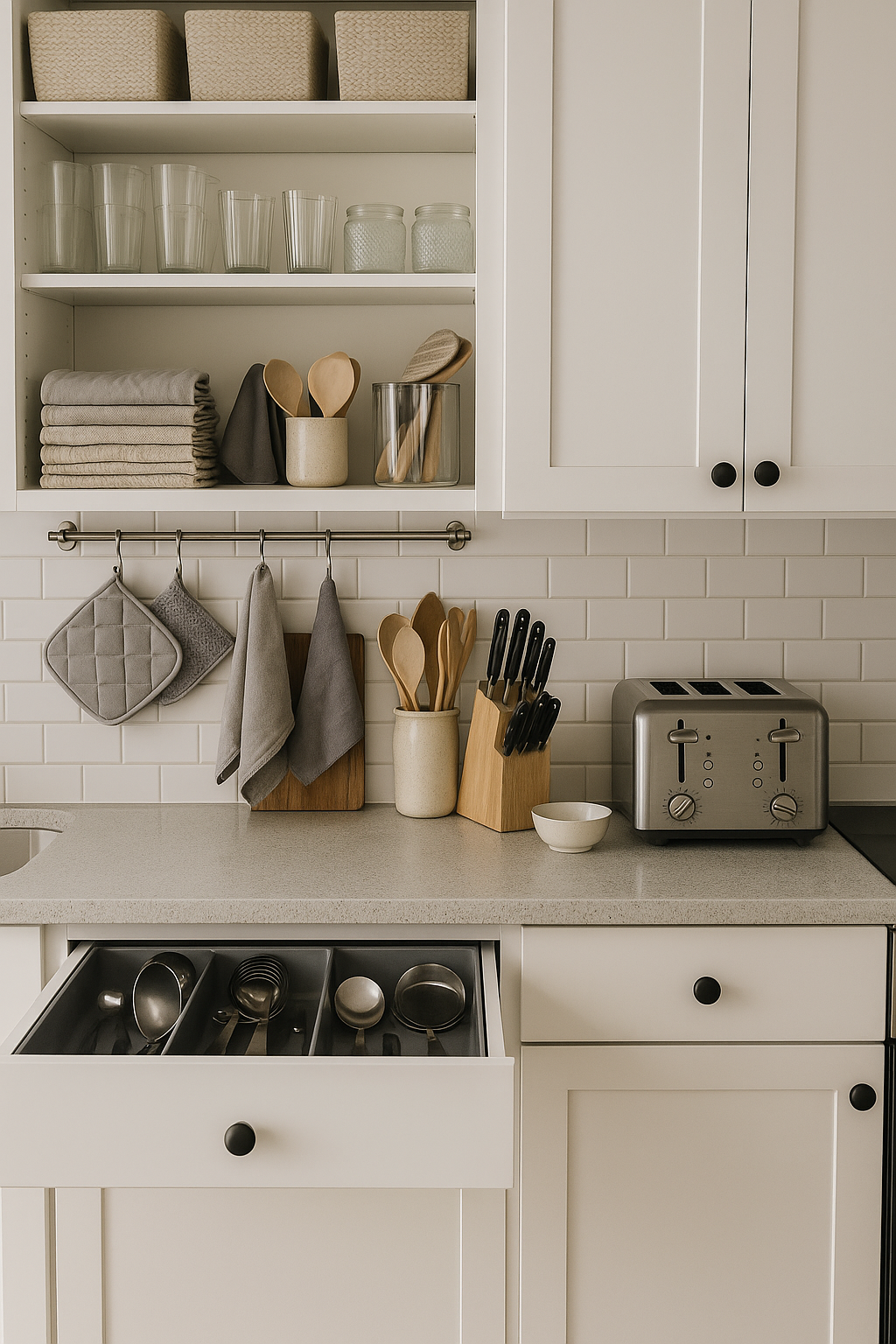 A clean and organized modern kitchen with white cabinets, wall-mounted shelves, and neatly arranged appliances